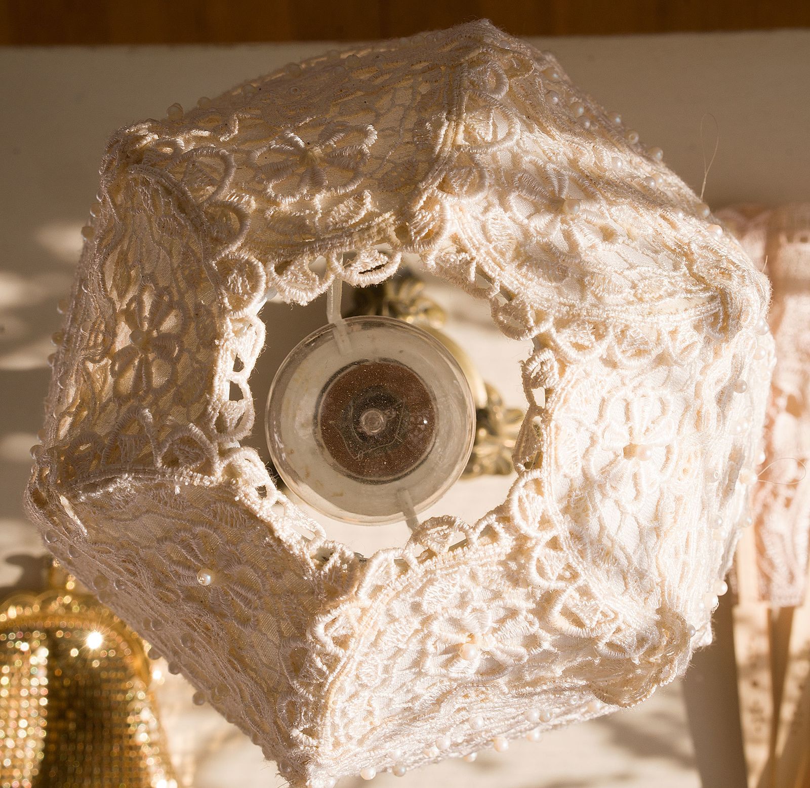 Lampshade With Brass Base, Lampshade With Organza And Pearls Friezes, Hand Sewn. Vintage photo for sale