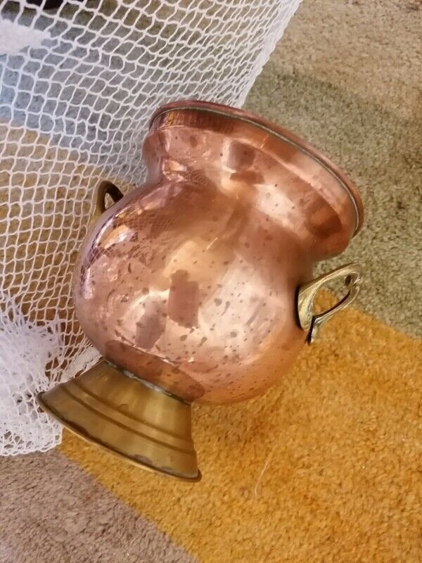 Vintage French Hammered Copper & Embossed Brass Handles Pot/Jar Planter 4 Sale photo buy