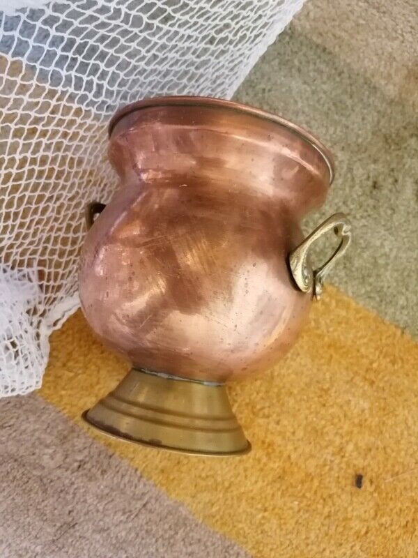 photo furniture Vintage French Hammered Copper & Embossed Brass Handles Pot/Jar Planter 4 Sale