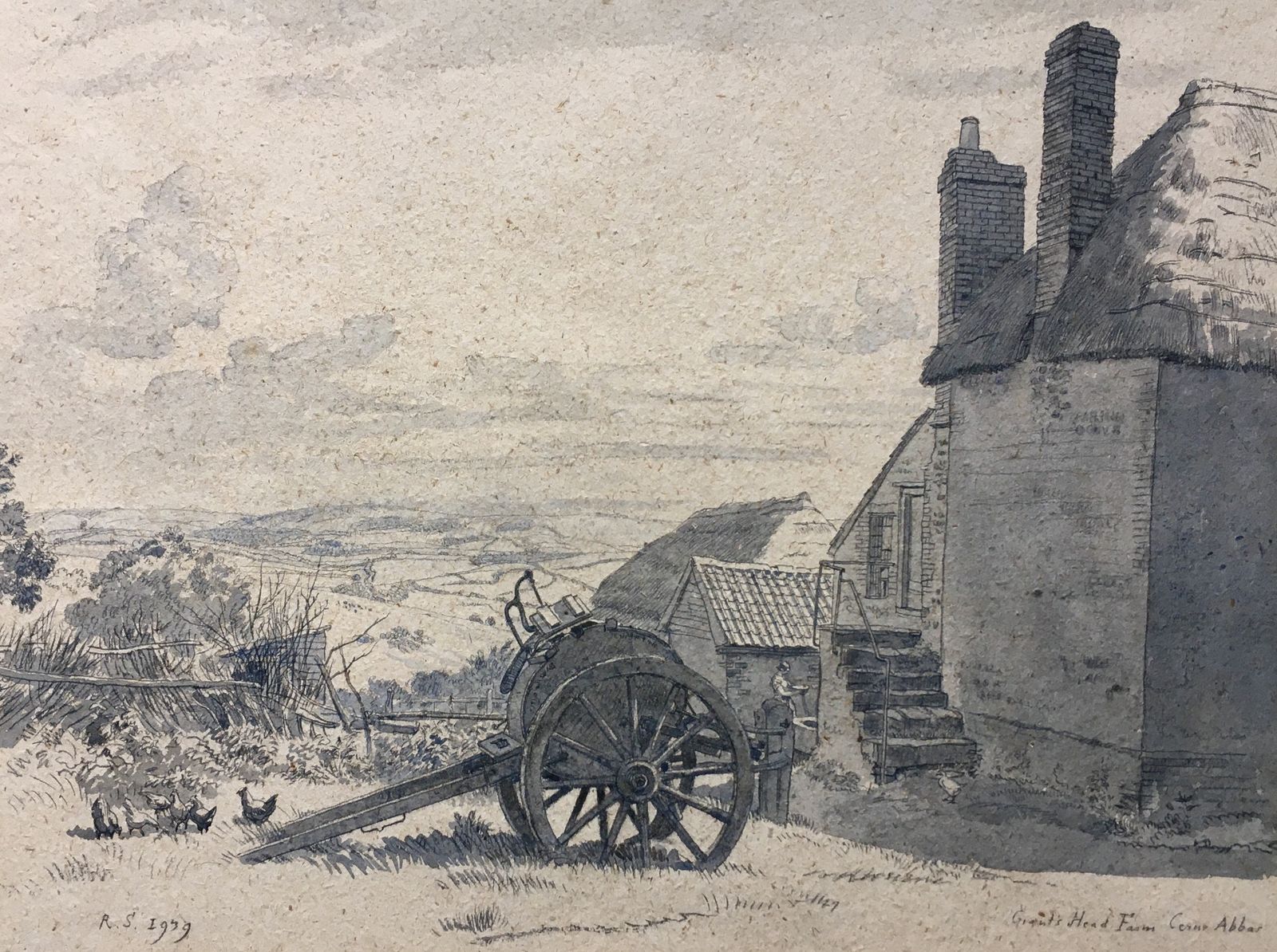 Randolph Schwabe 1939 Pen And Wash Drawing Of Giant's Head Farm, Cerne Abbas, Dorset photo Art