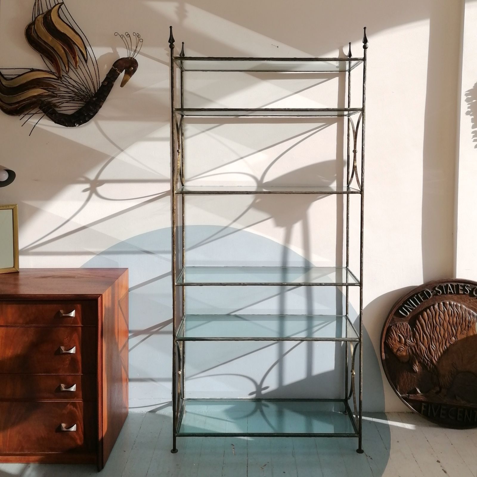 Vintage Tall Faux Bois Bronzed Steel & Glass Etagere, Maison Jansen Style, USA C1970s