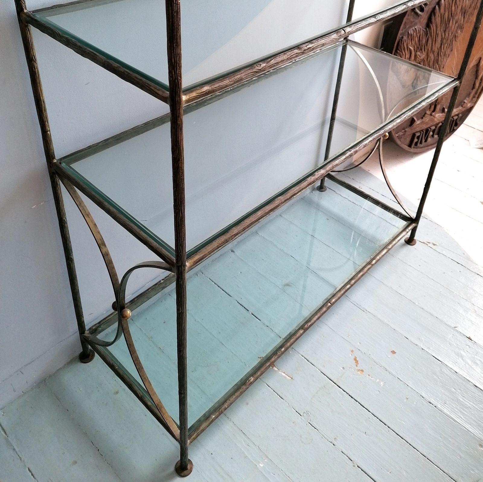 Vintage Tall Faux Bois Bronzed Steel & Glass Etagere, Maison Jansen Style, USA C1970s photo vinterior