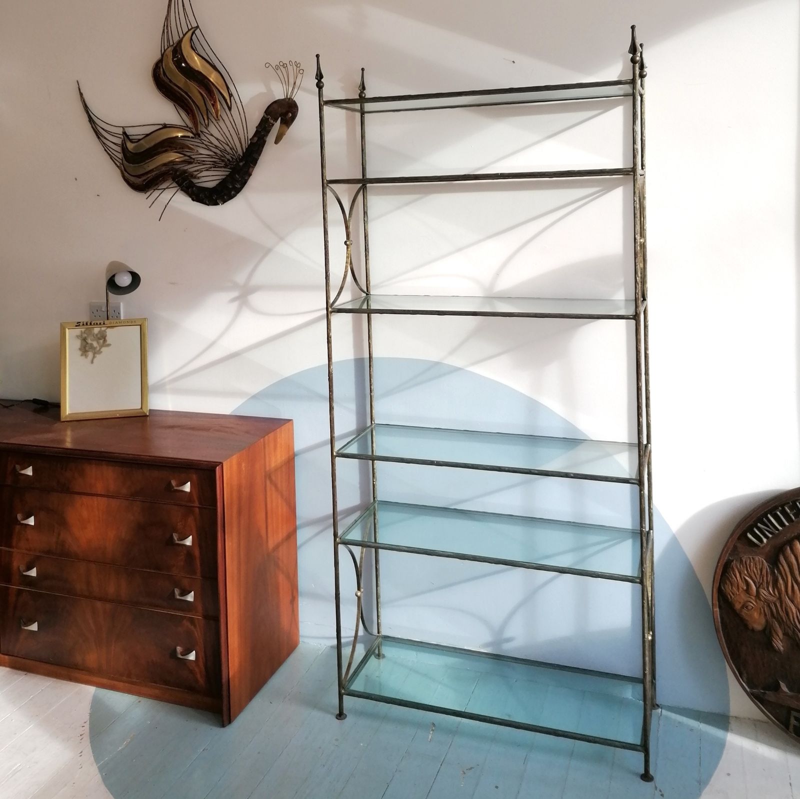 Vintage Tall Faux Bois Bronzed Steel & Glass Etagere, Maison Jansen Style, USA C1970s photo vintage