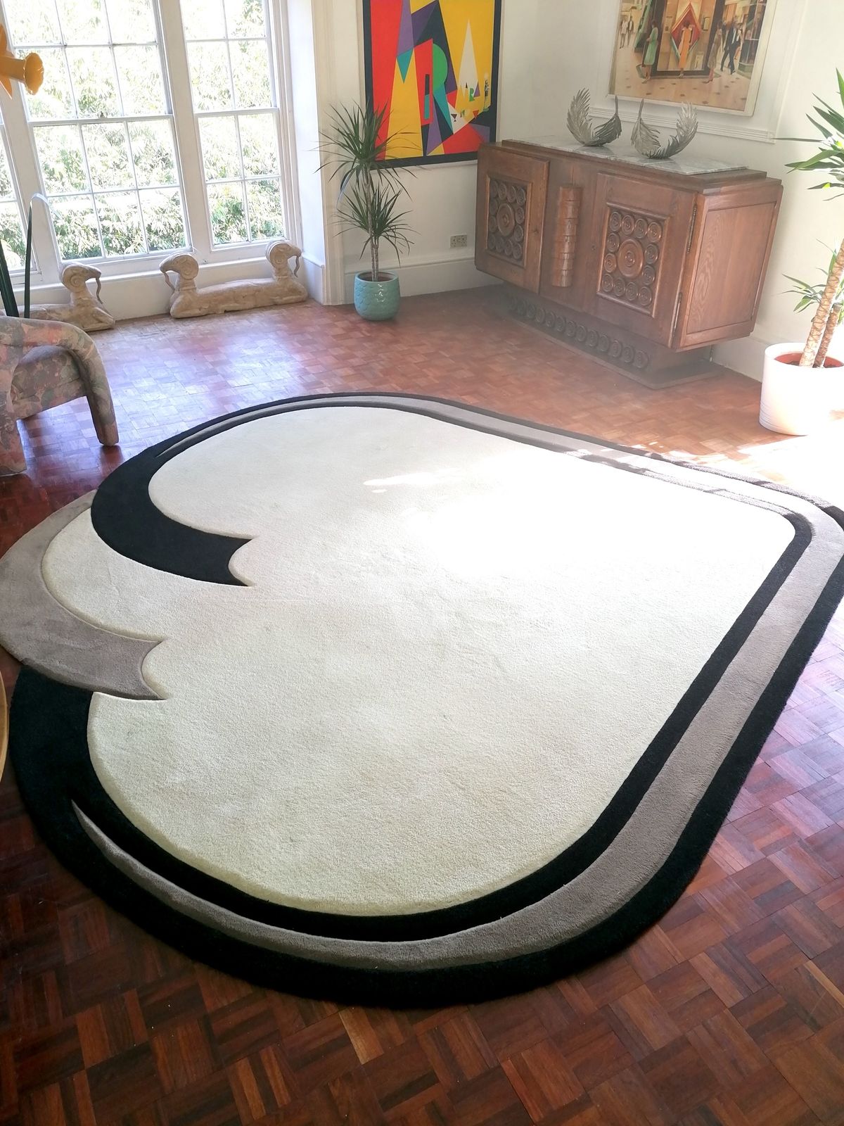 Huge Vintage 80s American Deco Revival Curved Wool Rug With Carved Swirl Details And Edge. photo furniture