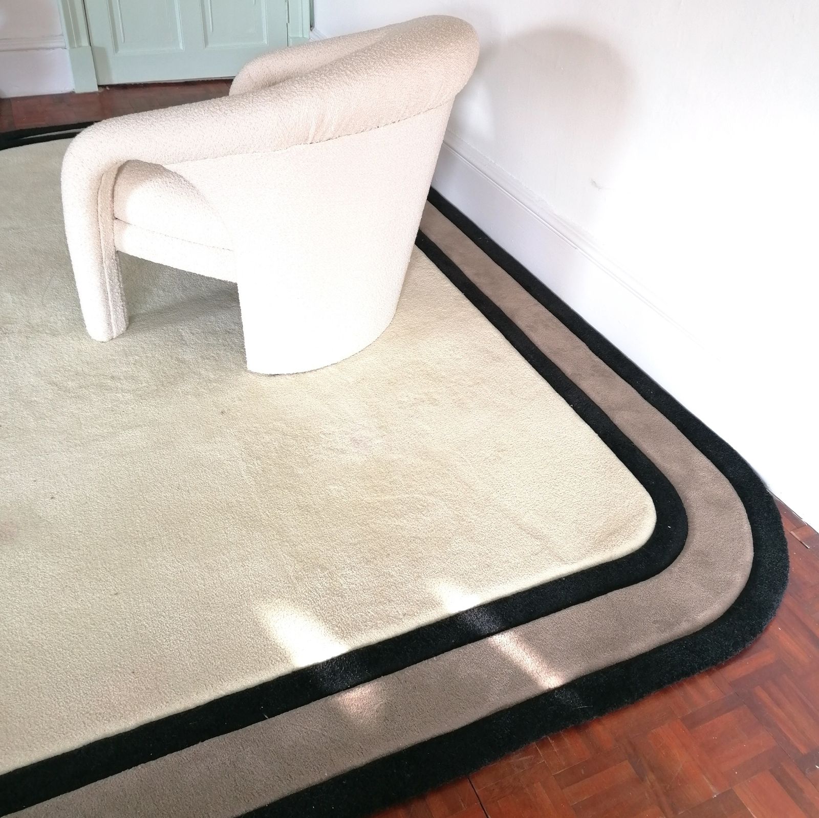 Textiles Huge Vintage 80s American Deco Revival Curved Wool Rug With Carved Swirl Details And Edge. photo
