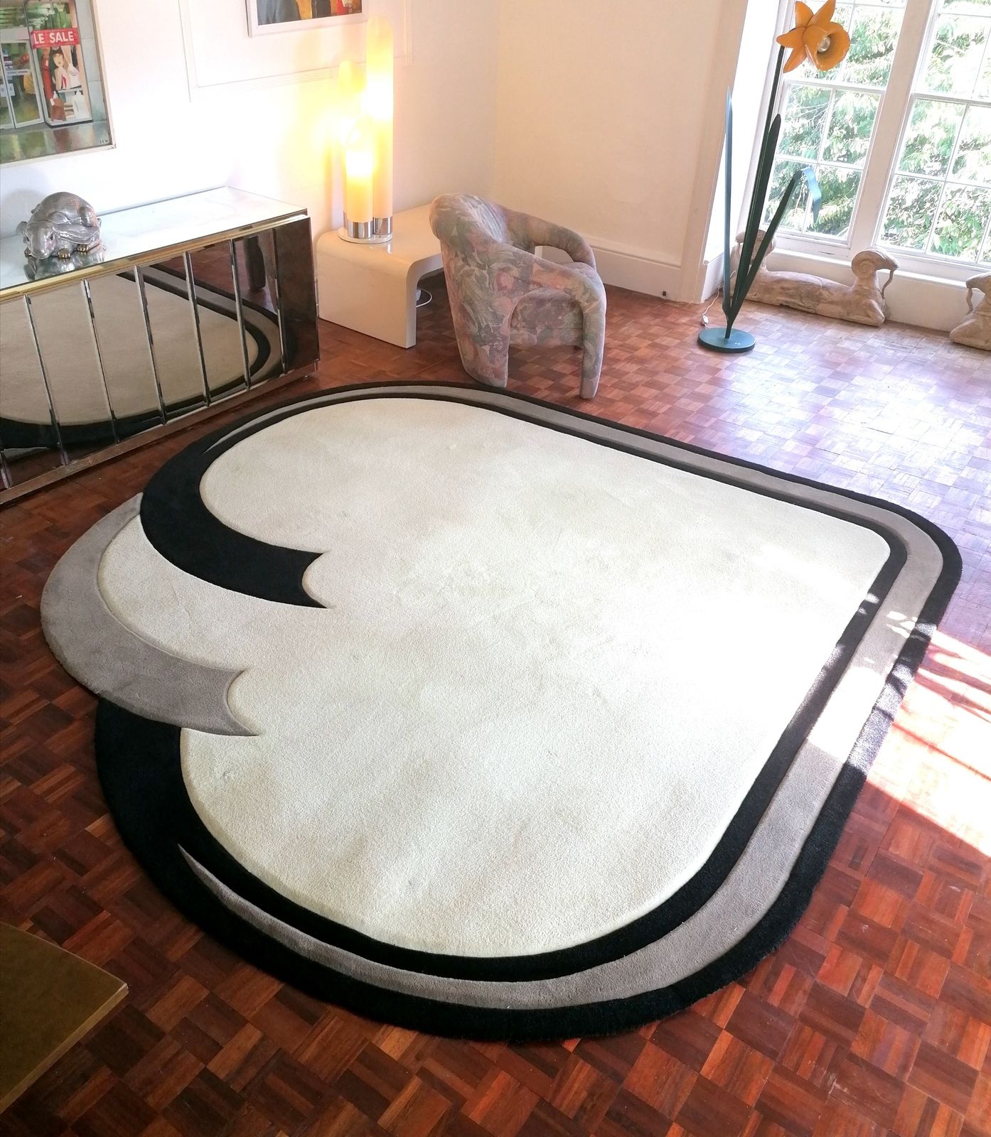 Huge Vintage 80s American Deco Revival Curved Wool Rug With Carved Swirl Details And Edge.