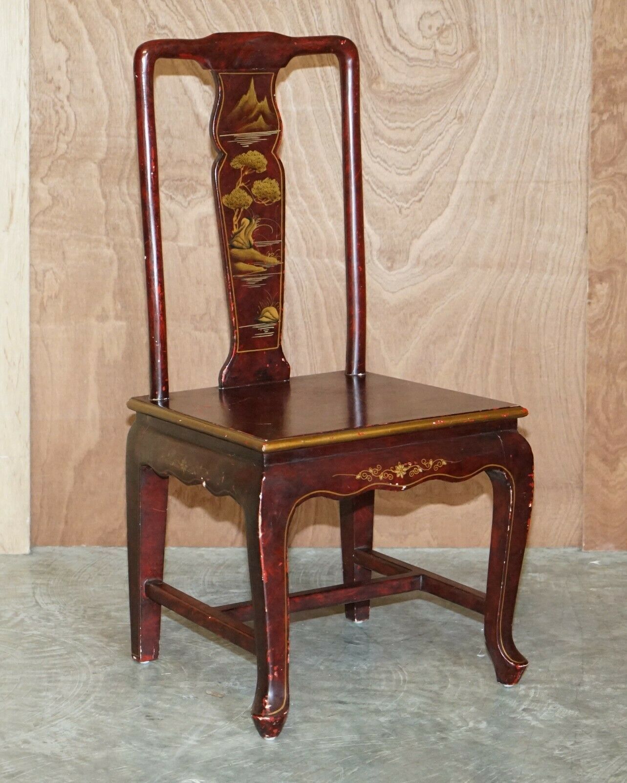 Antique Chinese Chinoiserie Red Hand Painted Chair Heavy Solid Wood Frame