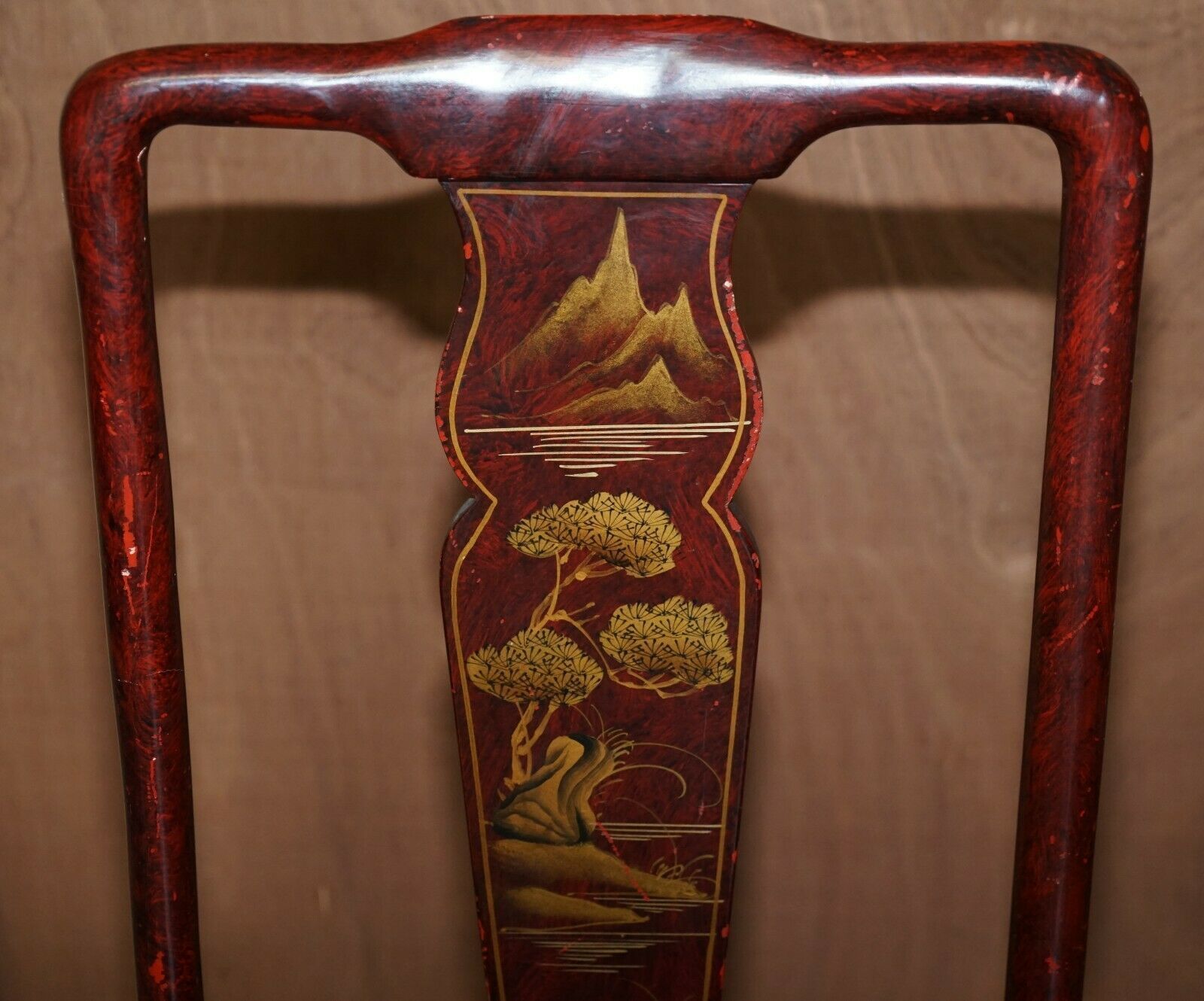 Antique Chinese Chinoiserie Red Hand Painted Chair Heavy Solid Wood Frame photo vinterior