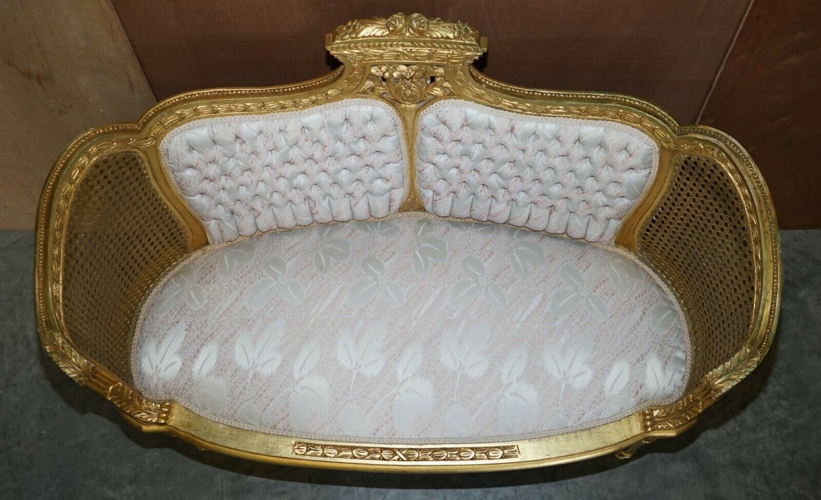 photo for sale Fine Antique Napoleon III Circa 1870 Gold Giltwood Bergere Louis XVI Sofa Settee