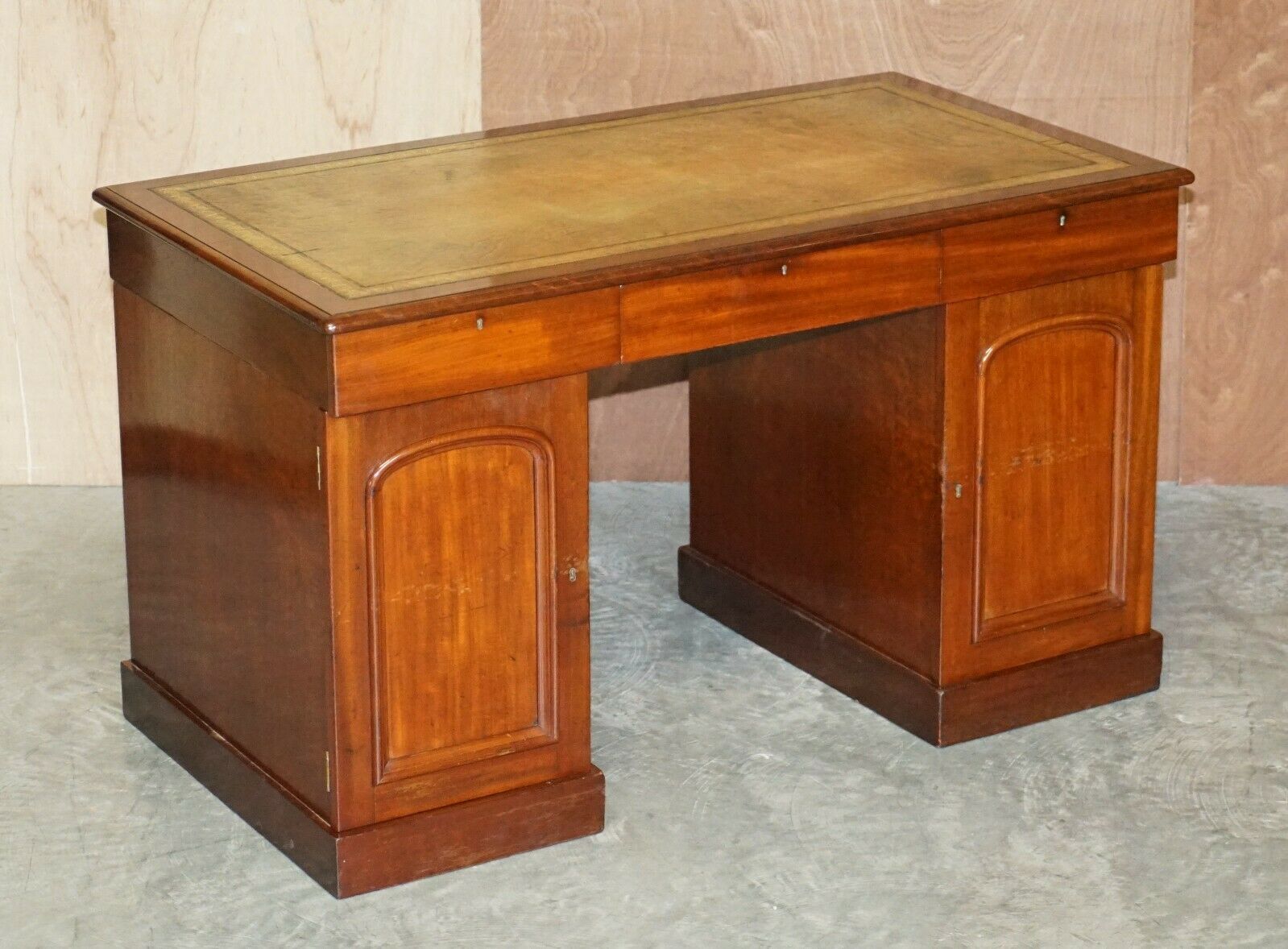 Sublime Antique Mahoany Pedestal Desk With Green Leather Writing Slope Drawer photo furniture