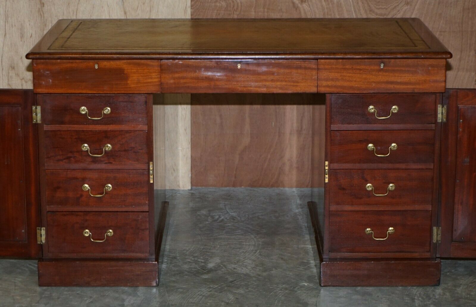 Sublime Antique Mahoany Pedestal Desk With Green Leather Writing Slope Drawer photo buy
