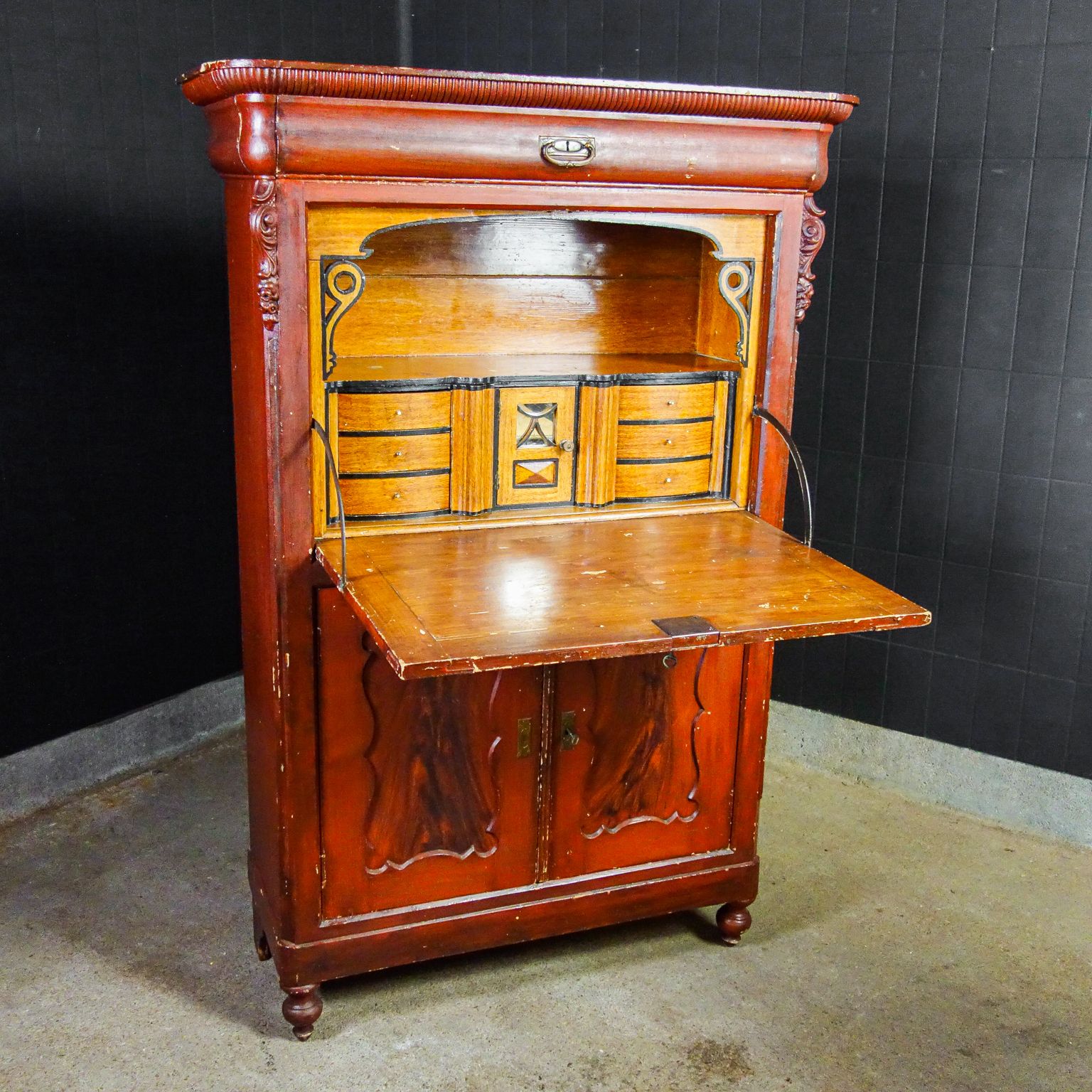 Brocante Nederlandse Secretaire – Begin 20e Eeuw – Rood photo furniture