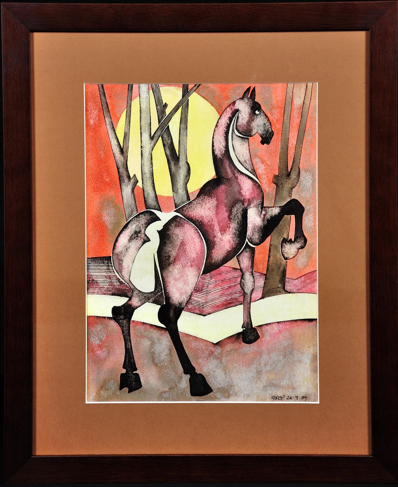 Geoffrey Key B.1941. English. Horse With Rising Sun, 1989. Framed Watercolour And Ink On Paper. Modern British. Northern Art. Manchester. Salford.
