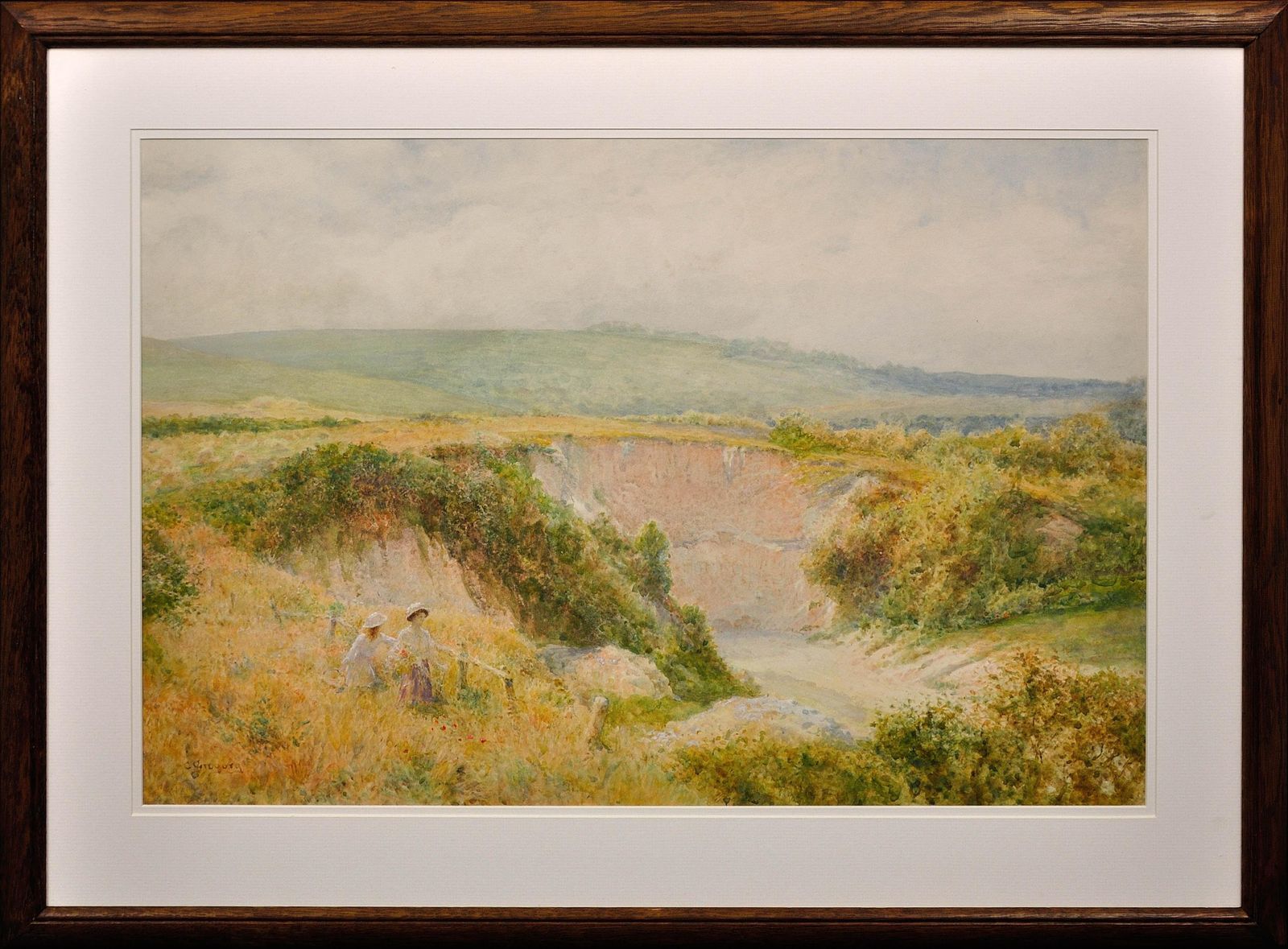 Charles Gregory 1849 To 1920. English. Summers Day At Steyning Bowl, West Sussex, South Downs Way. Framed Watercolour. Victorian Landscape.