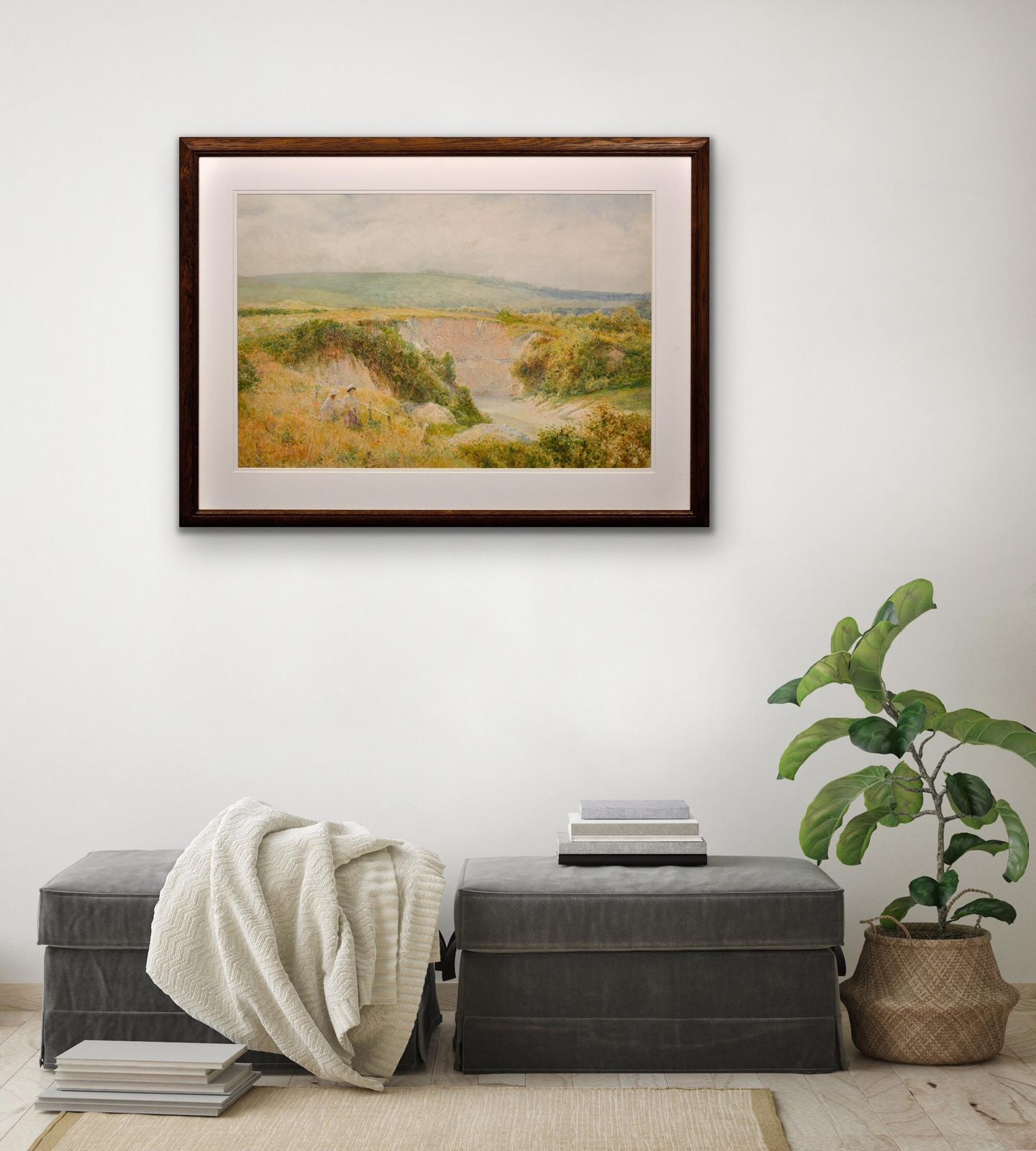 photo buy Charles Gregory 1849 To 1920. English. Summers Day At Steyning Bowl, West Sussex, South Downs Way. Framed Watercolour. Victorian Landscape.