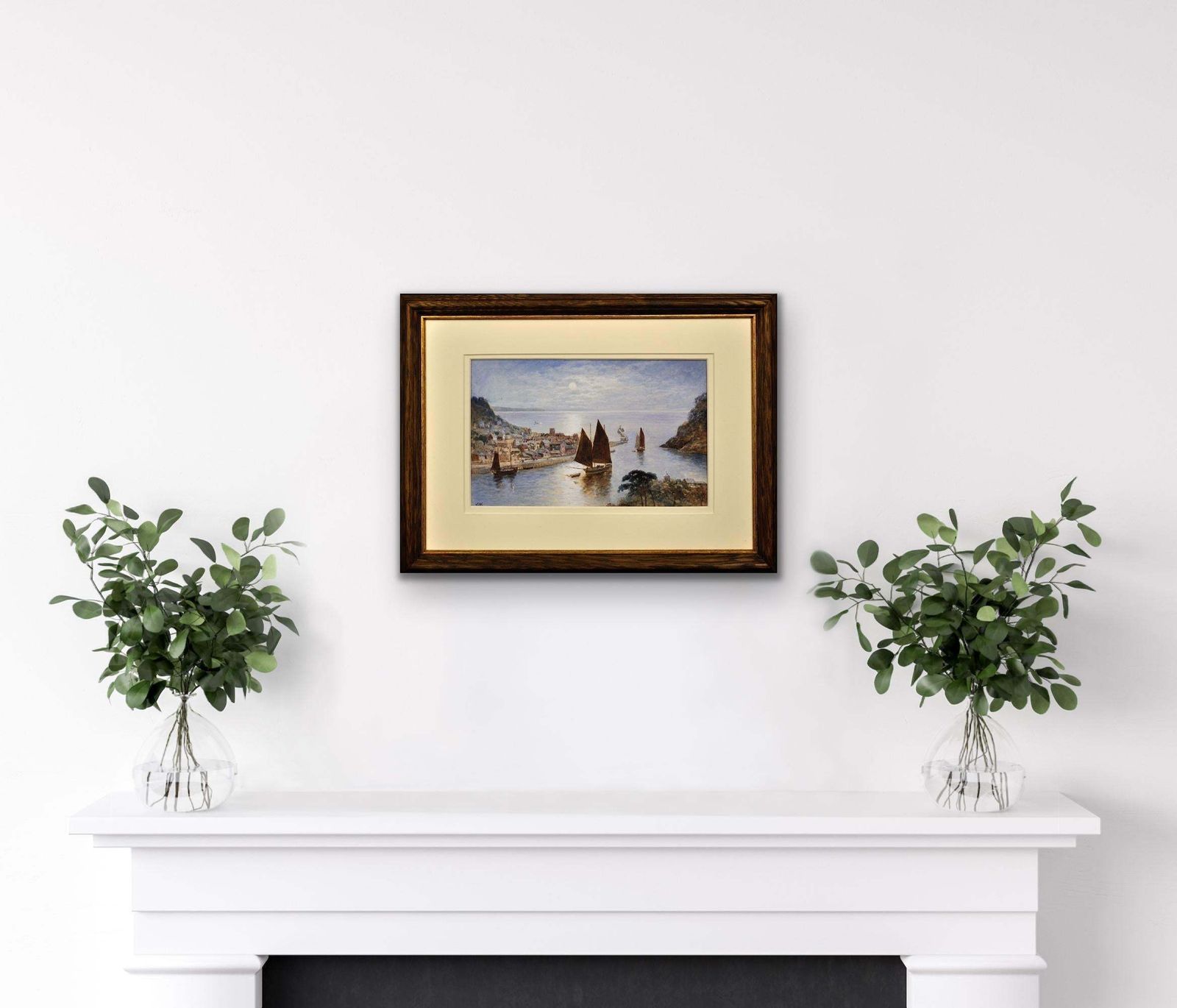 photo vintage J. Wilson Fl.1837 To 1870. English. Looe Town & Harbour, Cornwall. Framed Cornish Watercolour Painting. Luggers Under Sail. Circa 1860. Victorian.