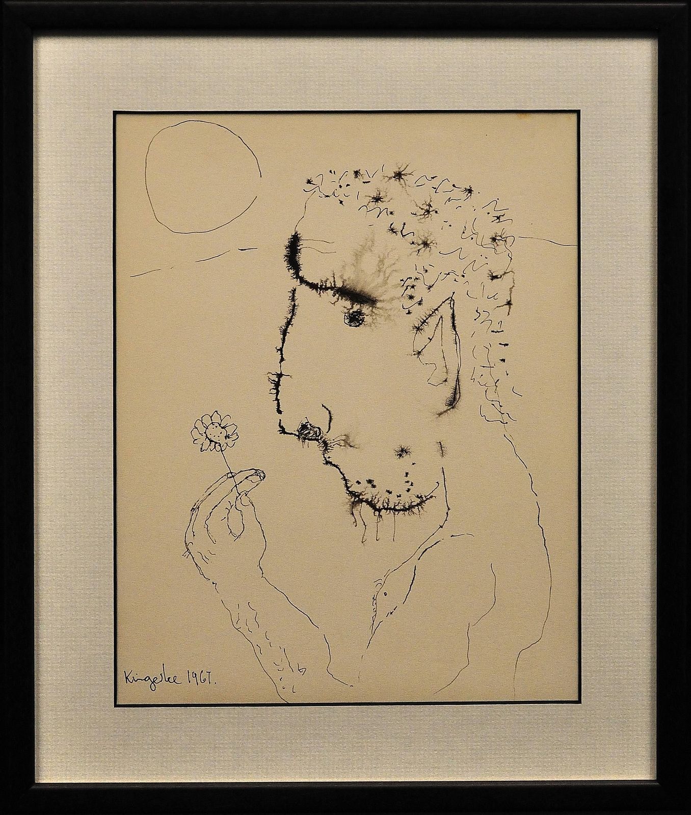 John Kingerlee B.1936. Irish. John, A Self Portrait. Framed Modern British Mid 20th Century Ink On Paper Flower Power Drawing Dated 1967.