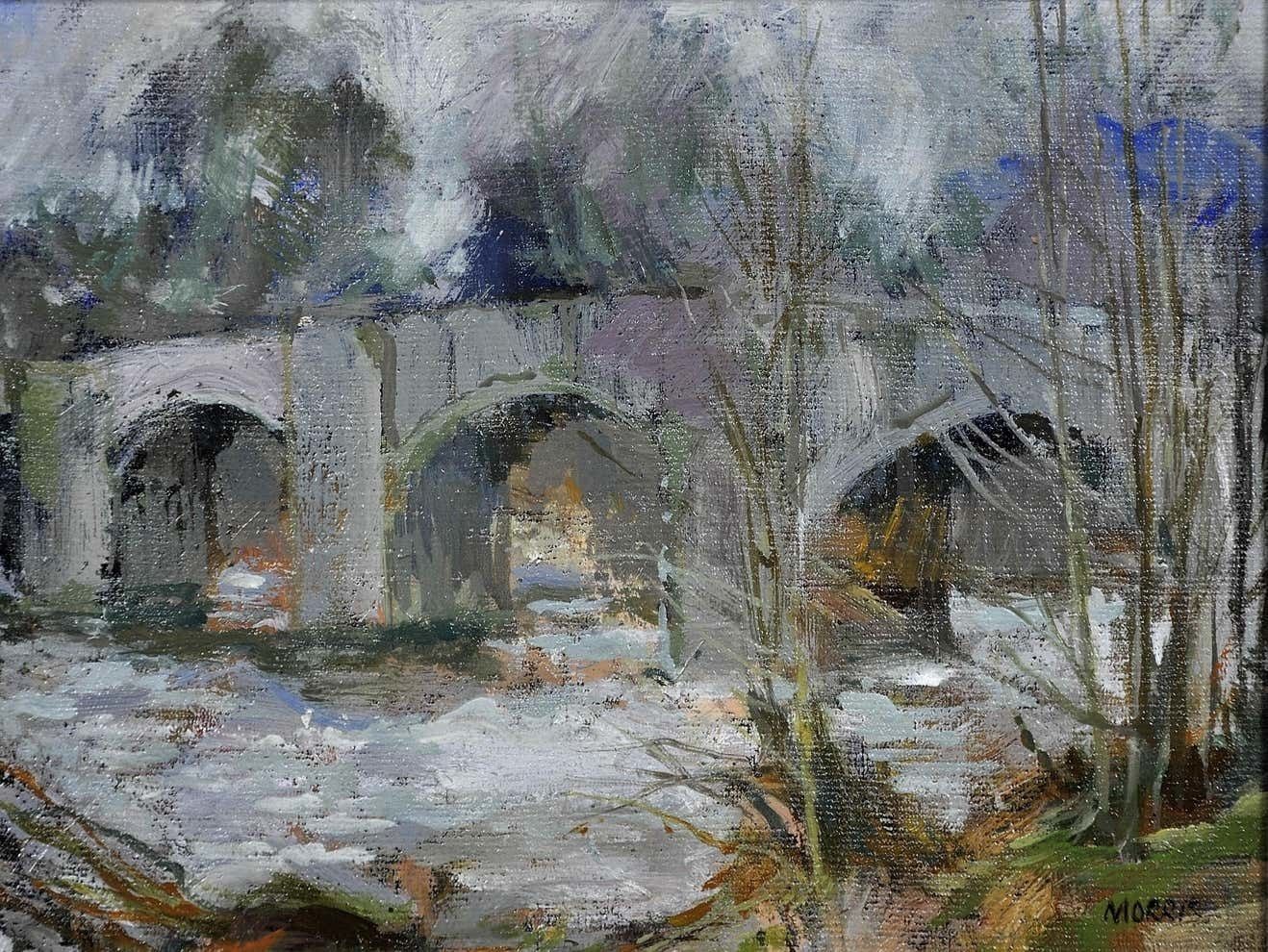 Anthony Morris B.1938.  English. Llangynidr Bridge Over The River Usk, Wales In Winter. Oil On Board. Framed .Powys. Crickhowell. Welsh Landmark. photo furniture