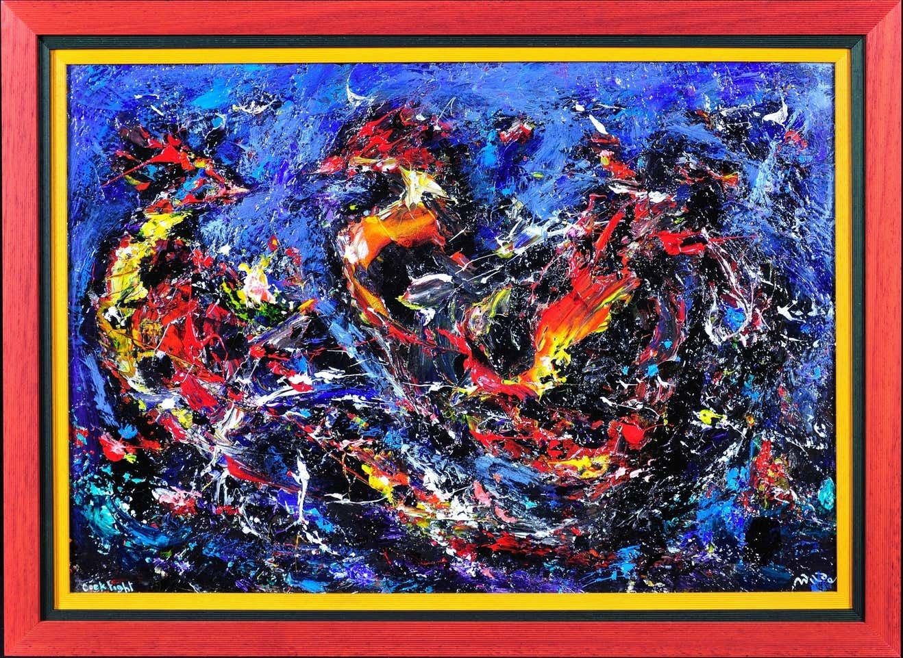 David Wilde 1913 To 1974. English. Cock Fight. Acrylics. Framed. Two Fighting Birds. A Riot Of Aggression, Masculinity & Feathers. Mid Century Modern