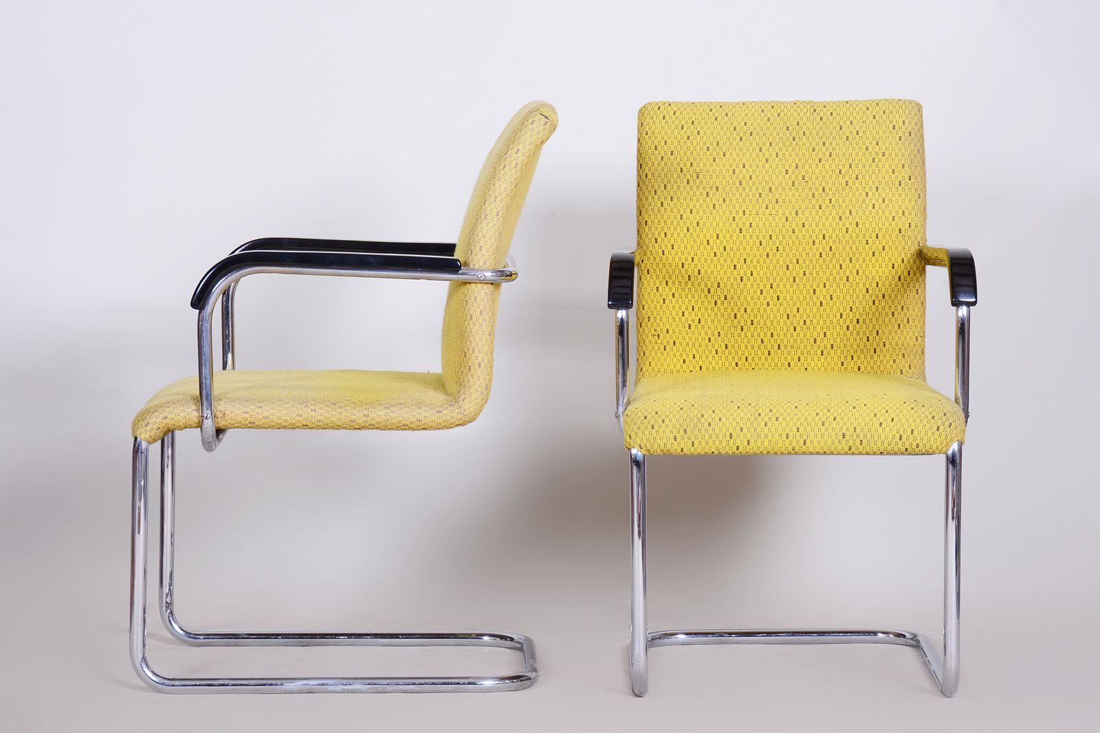 Yellow Bauhaus Armchairs Made In 1930s Czechia. Non Restored Chrome And Fabric. photo vinterior