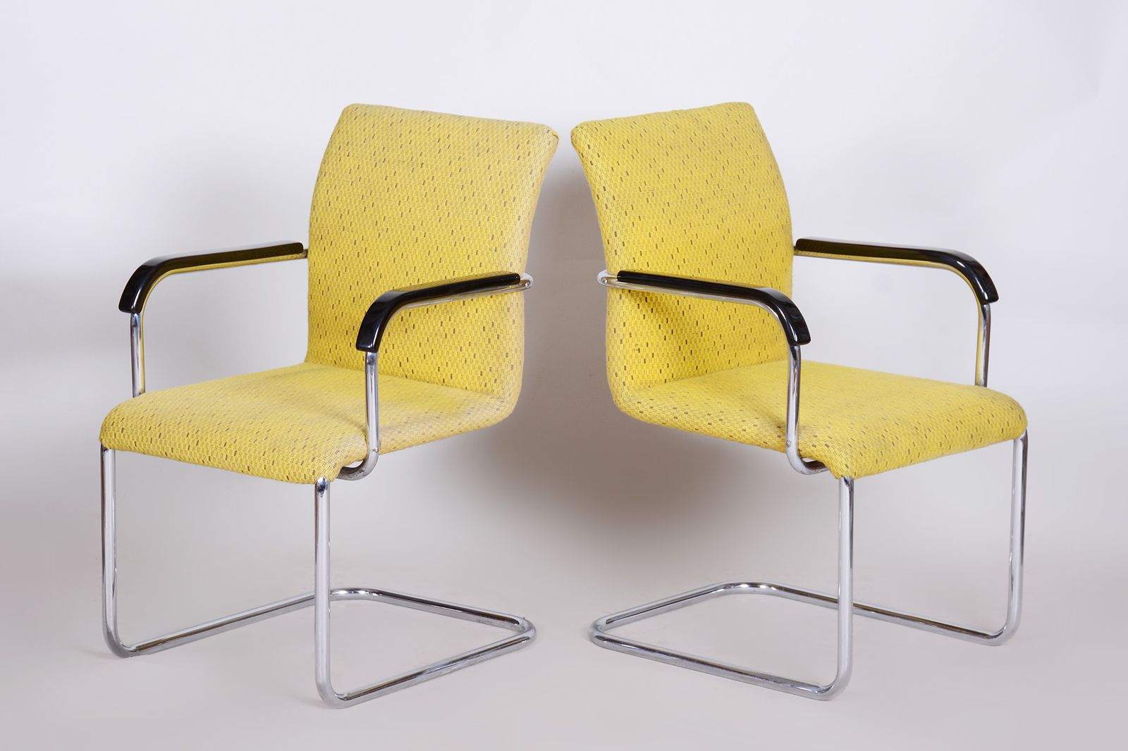 Yellow Bauhaus Armchairs Made In 1930s Czechia. Non Restored Chrome And Fabric. photo vintage