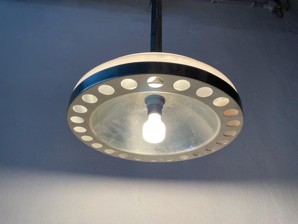 Italian Art Deco Opaline Glass & Chrome Ceiling Lamp, 1940s, Italy photo furniture