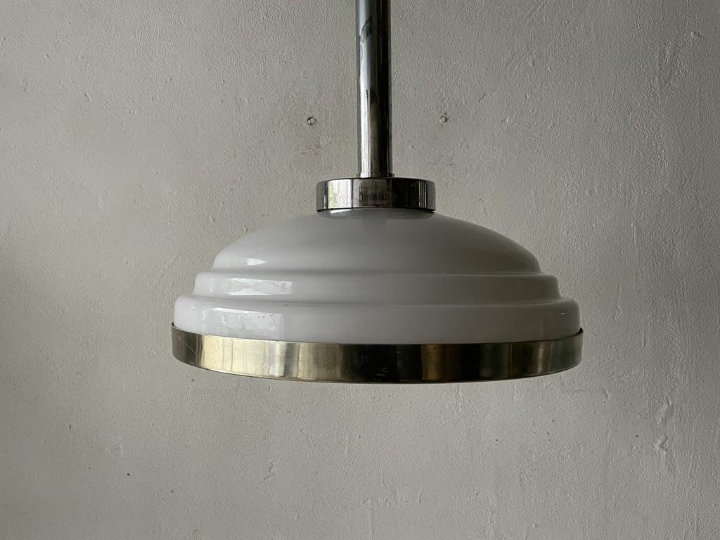 Italian Art Deco Opaline Glass & Chrome Ceiling Lamp, 1940s, Italy photo for sale