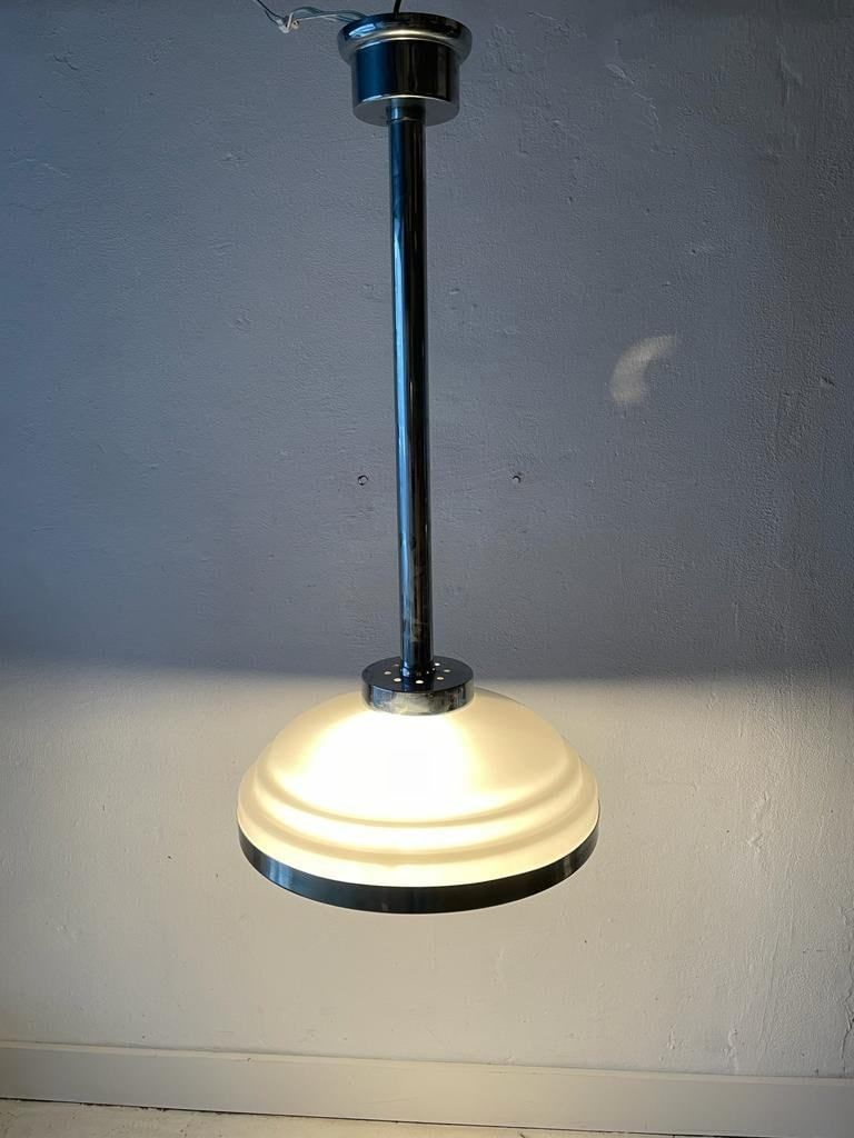 Italian Art Deco Opaline Glass & Chrome Ceiling Lamp, 1940s, Italy photo vinterior
