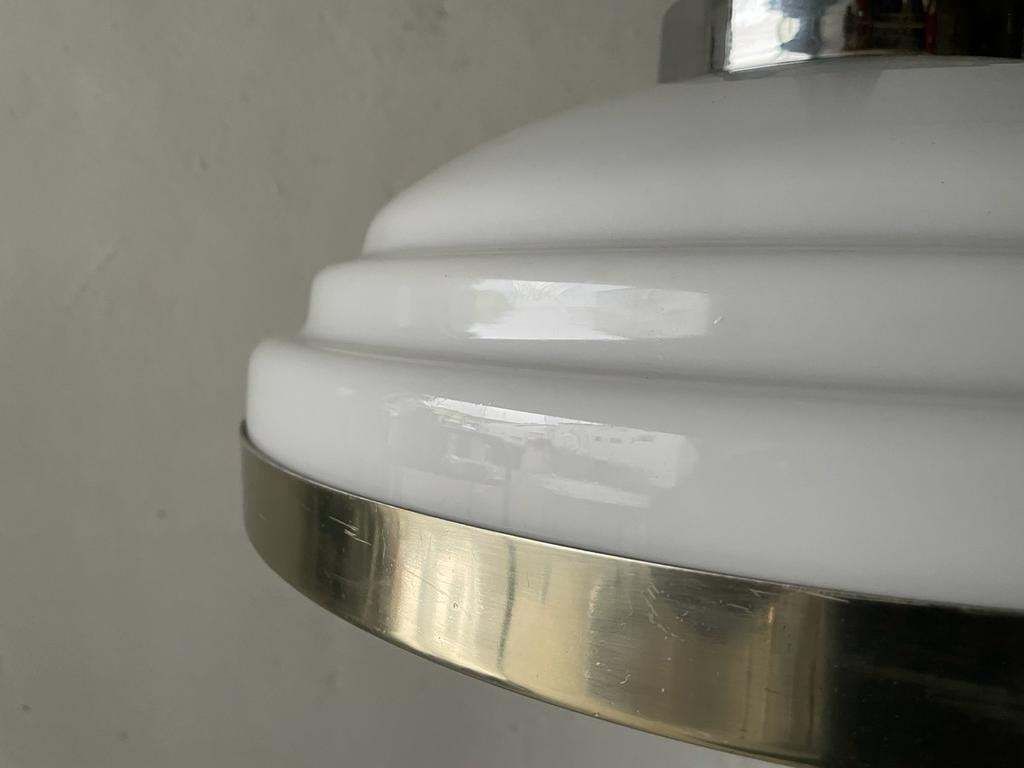 Italian Art Deco Opaline Glass & Chrome Ceiling Lamp, 1940s, Italy photo vintage