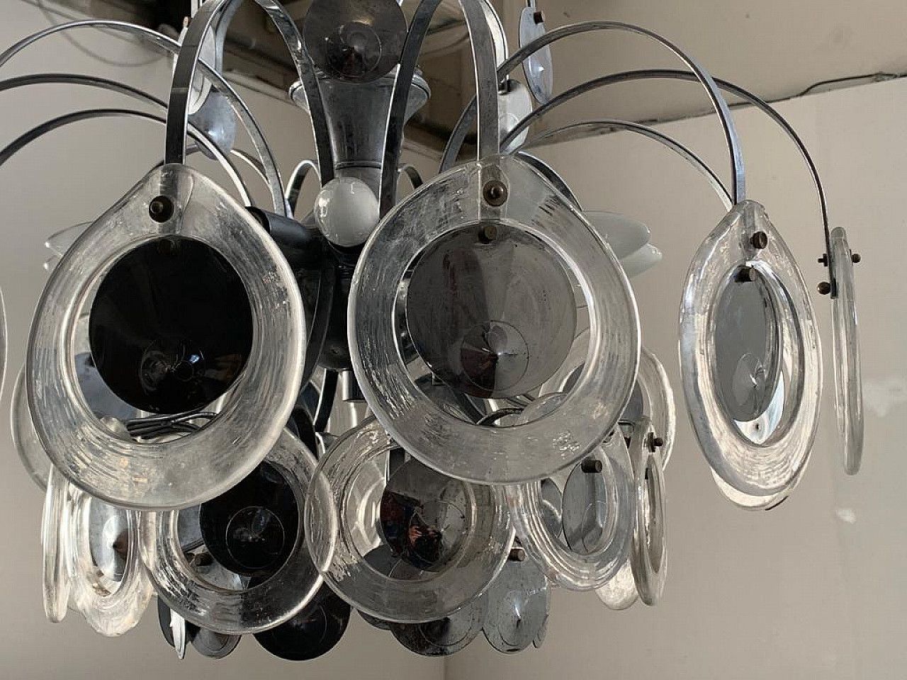 Disc Chandelier In Steel And Fused Glass, 70s photo Lighting