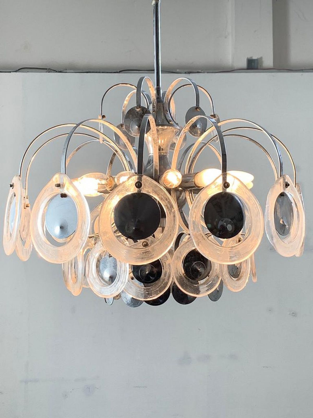 Lighting Disc Chandelier In Steel And Fused Glass, 70s photo