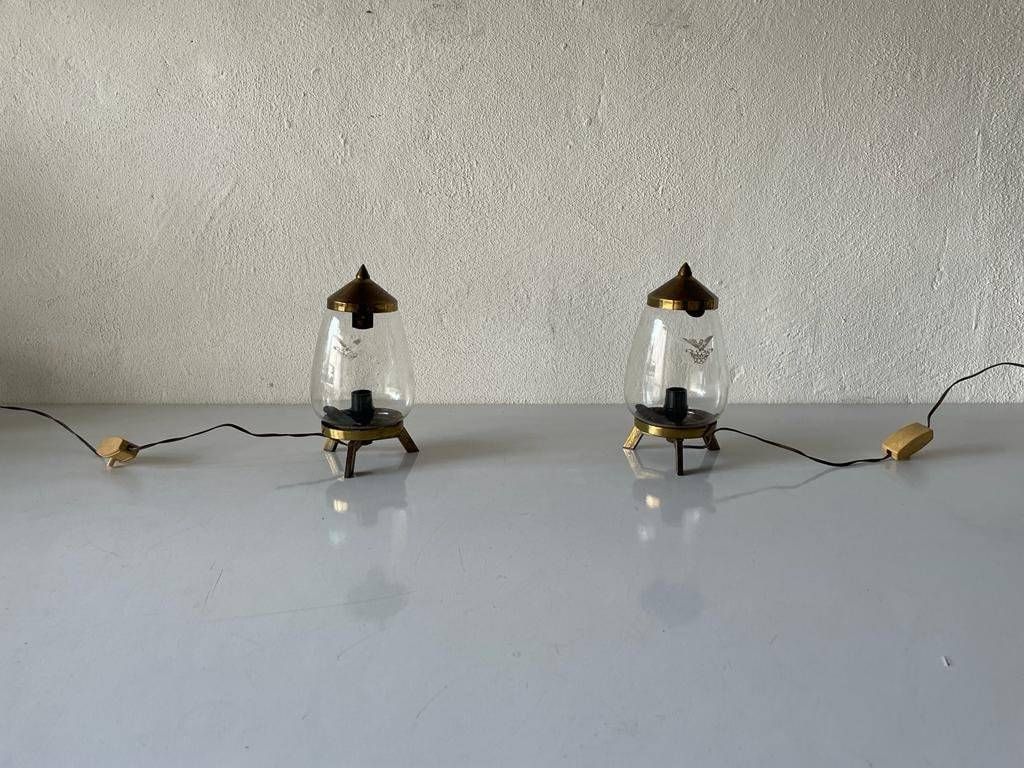 photo for sale Italian Brass And Glass Art Deco Pair Of Table Lamps, 1940s, Italy