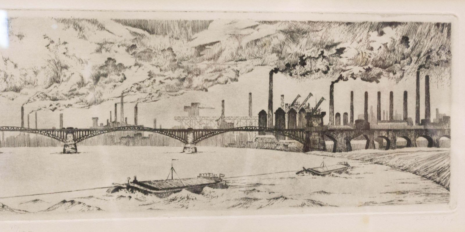 Gravure, paysage industriel au pont ferroviaire, Allemagne, fin du XIXe siècle photo for sale