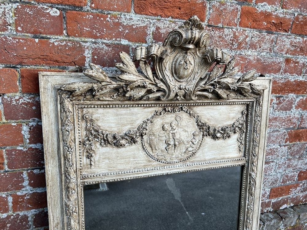 A Superb Antique French 19th Century Carved Wood & Gesso Painted Mirror. photo for sale
