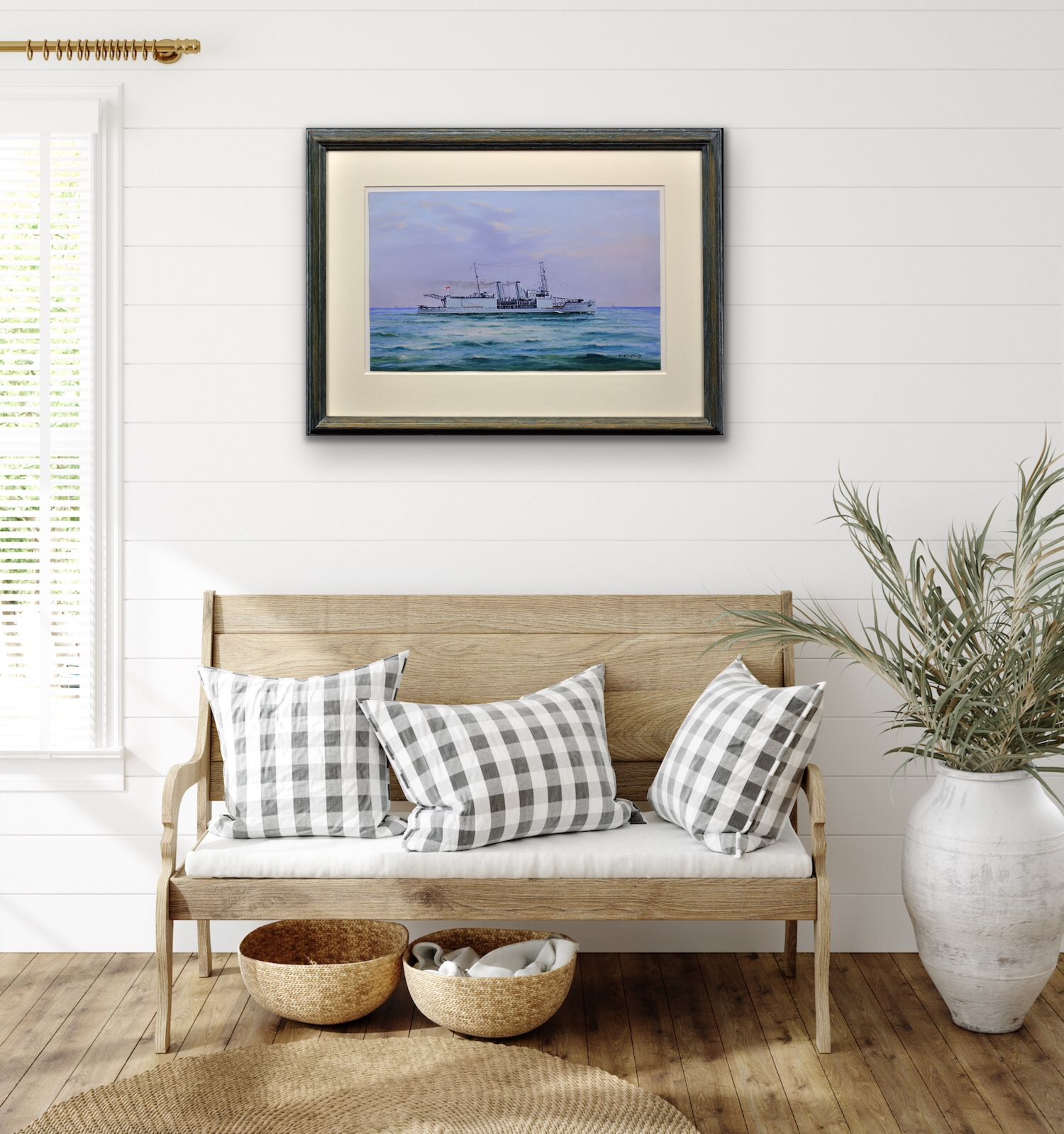 photo vintage Vincenzo D' Esposito 1886 To 1946. Italian. Hms Nairana, Royal Navy Seaplane Carrier. Tasmania & Melbourne Ferry. Framed Warship Painting Circa 1918.