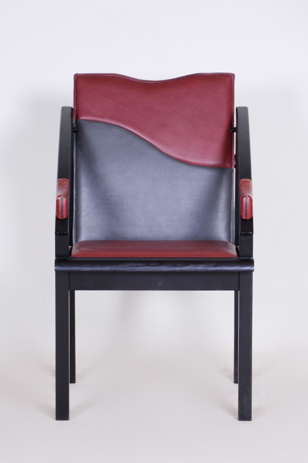1970s Armchair Made In Europe. Made Out Of Lacquered Wood And Leather, Original photo vintage