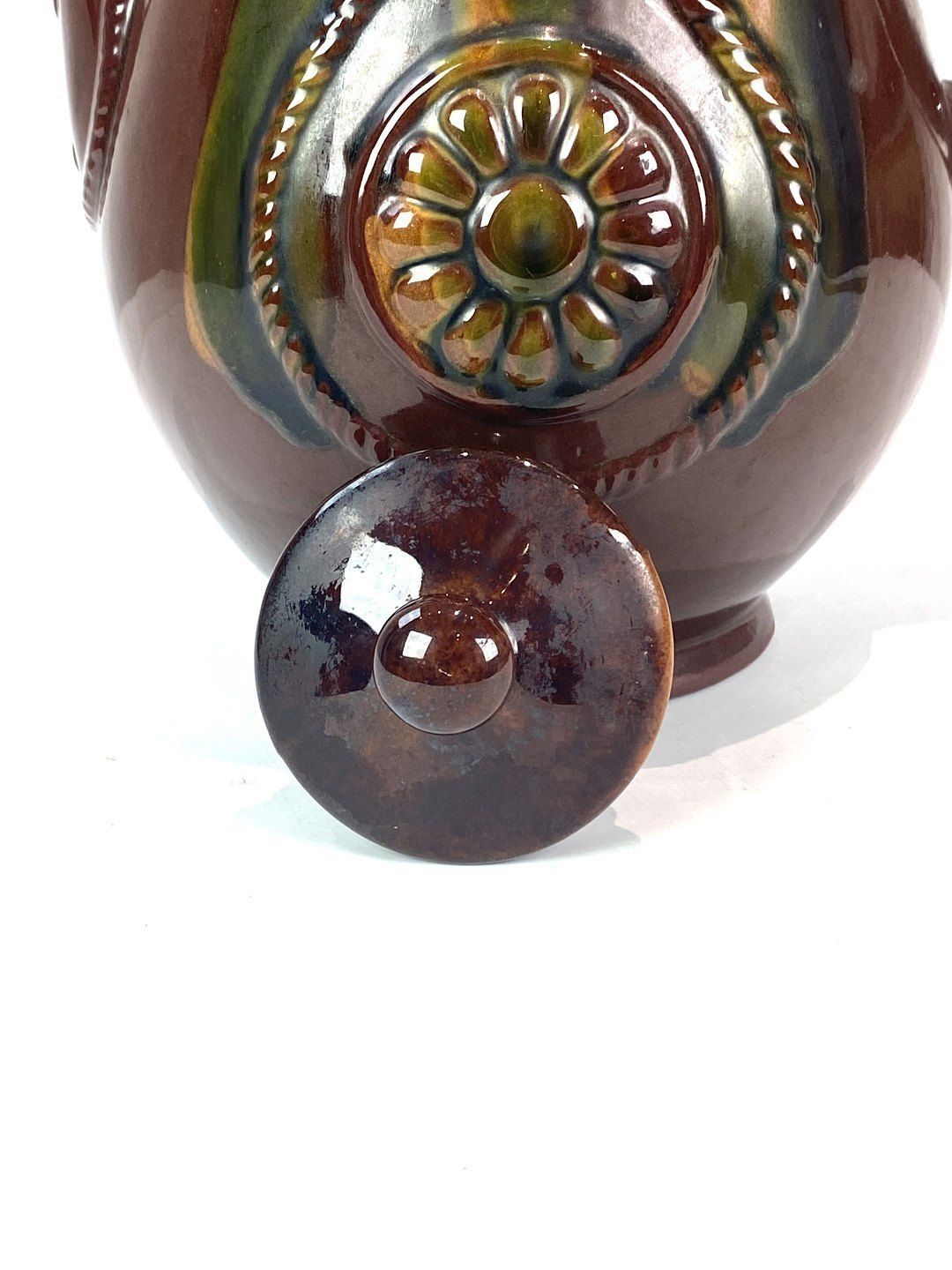 Ceramic Jug With Brown Glaze And Decorated With Pattern In Art Nouveau Style From Around The 1940s. photo 150.0