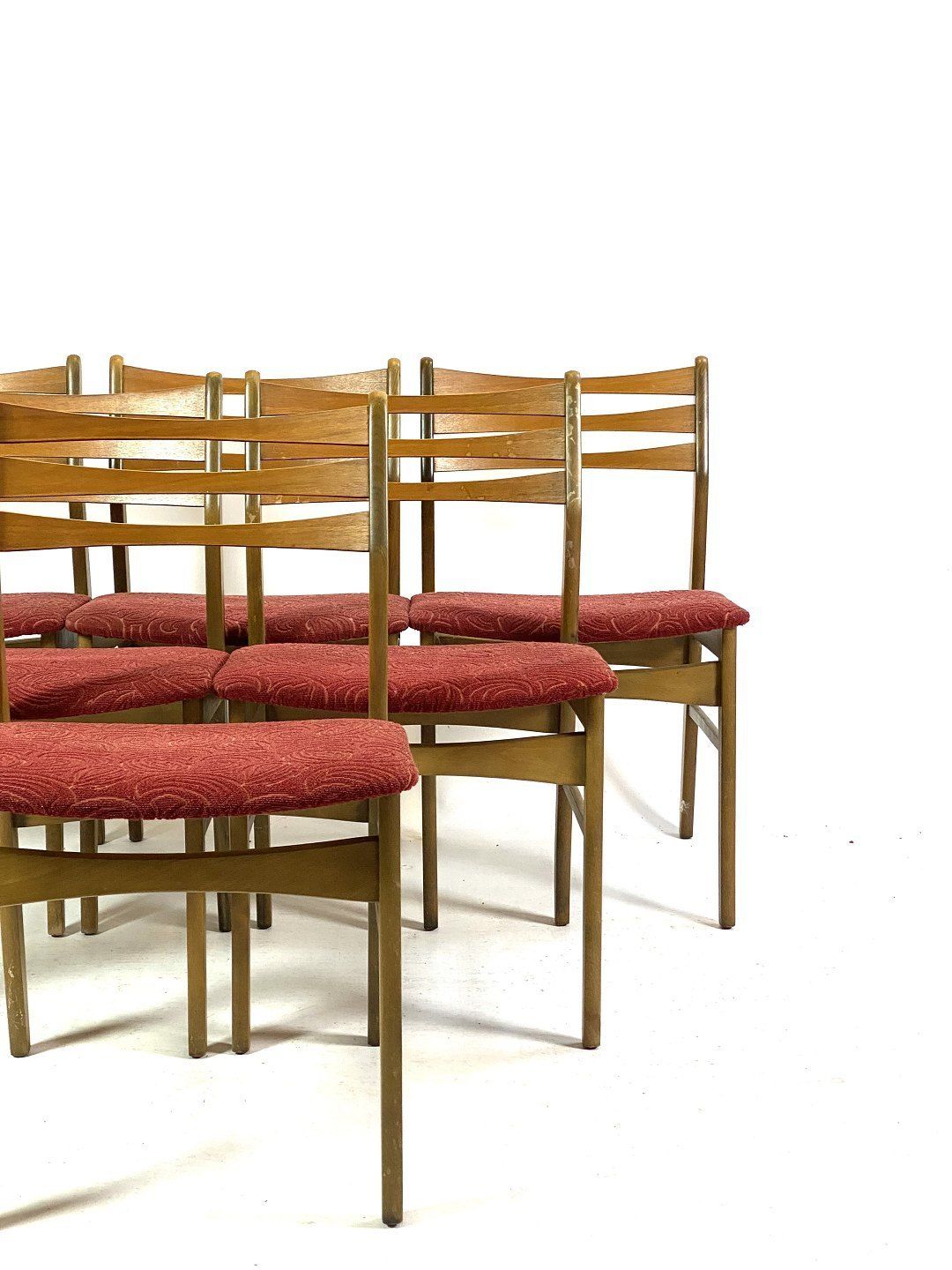 Six Dining Room Chairs In Dark Polished Wood And Upholstered With Red Fabric, Of Danish Design From The 1960s. photo for sale