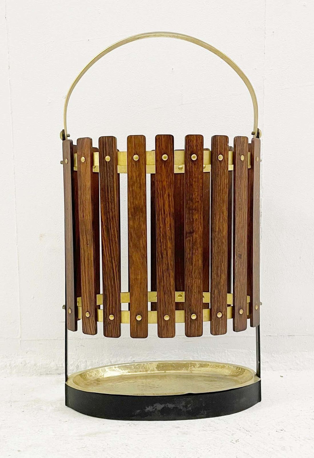 Mid Century Wood And Brass Umbrella Stand, Italy 1950s photo for sale