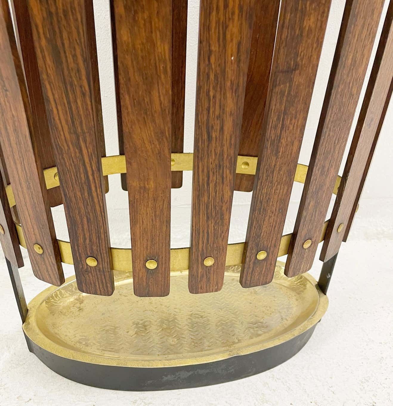 Mid Century Wood And Brass Umbrella Stand, Italy 1950s photo vintage