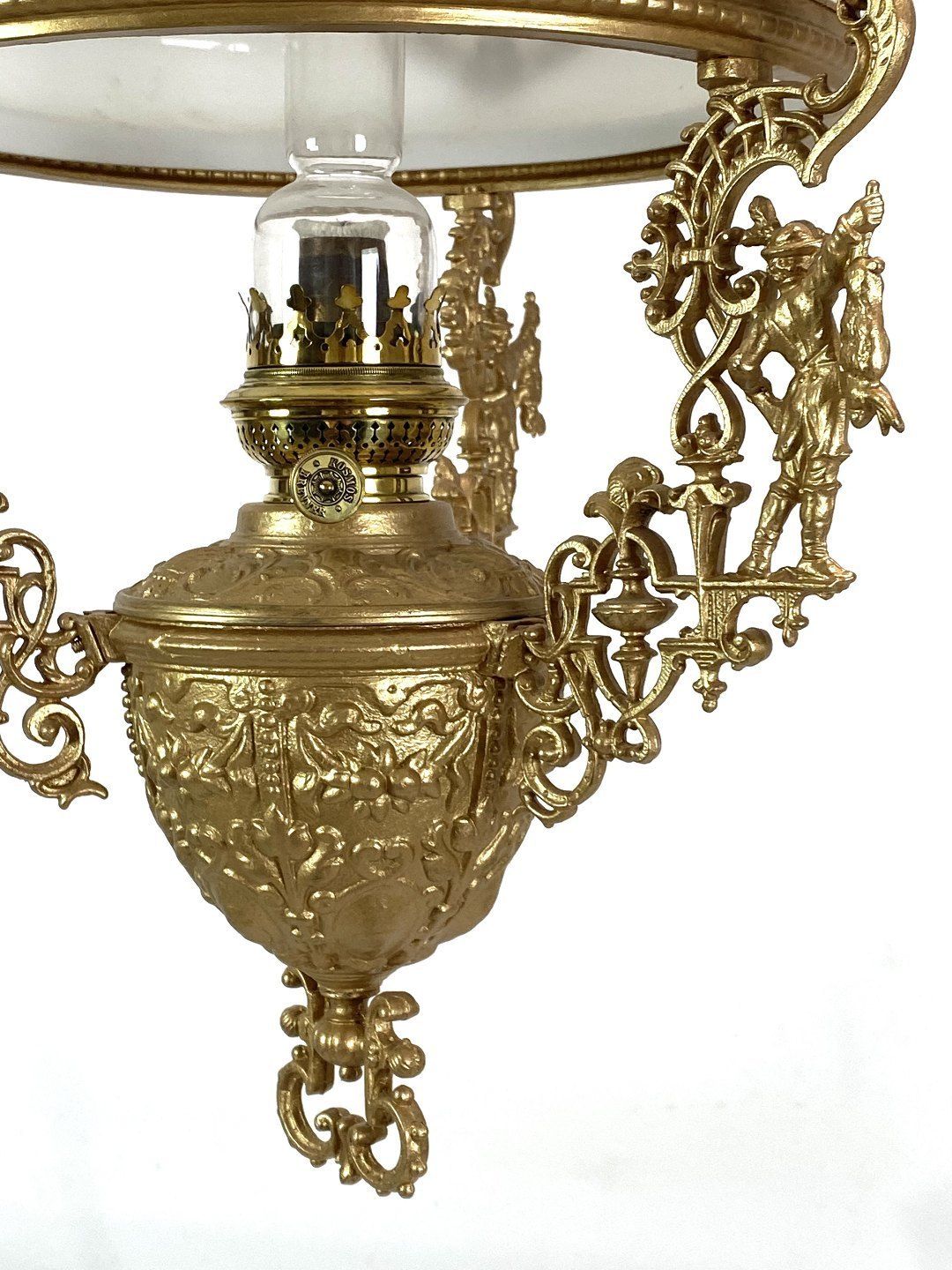 Large Kerosene Lamp Of Patinated Brass And Shade Of White Opaline Glass From The 1880s. photo vintage