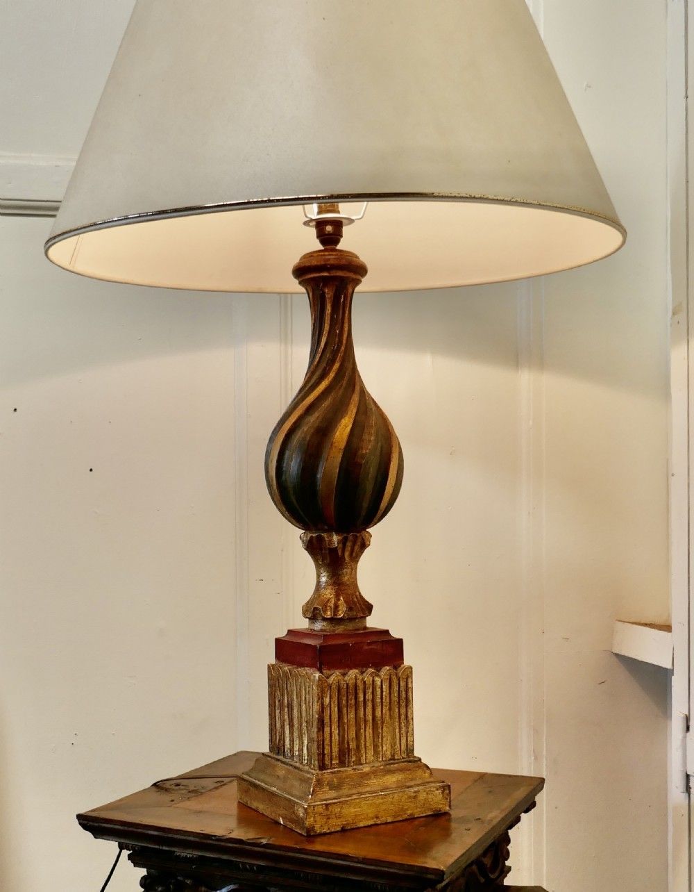 1920s Bulbous Folk Art Painted Spanish Lamp And Shade photo Lighting