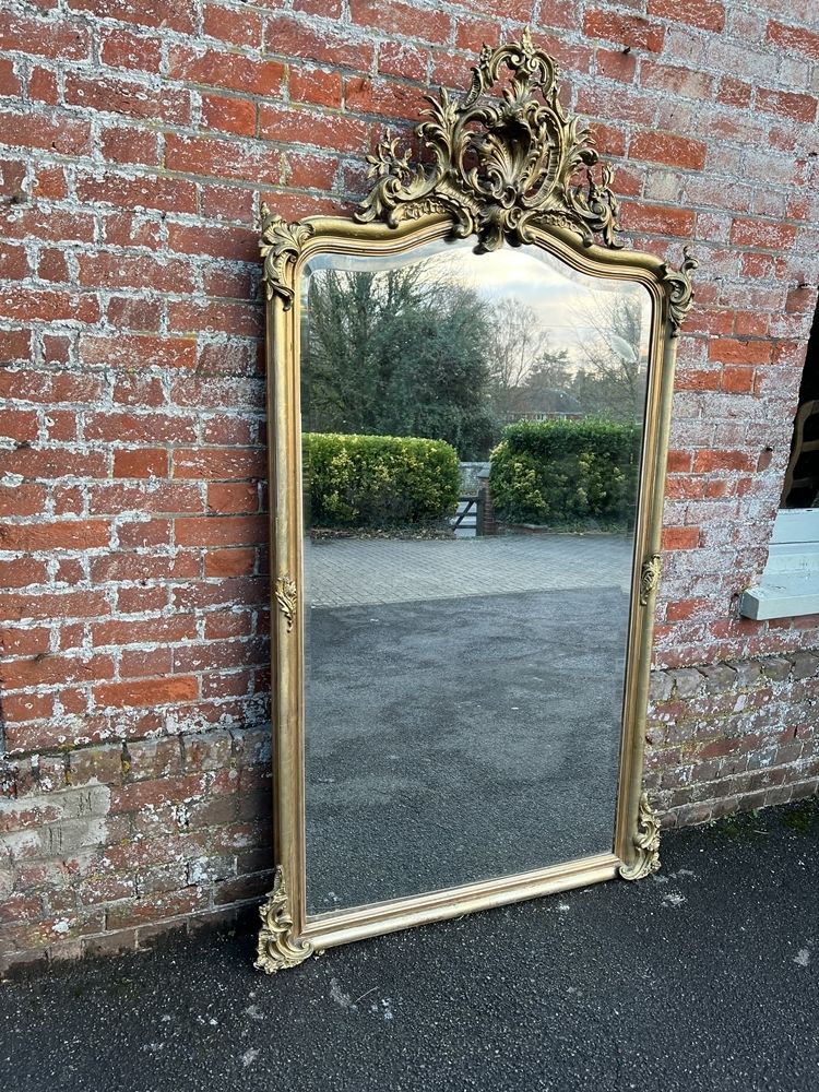 A Spectacular Large Antique French 19th Century Carved Wood & Gesso Original Silver/Gilt Shaped Top Mirror
