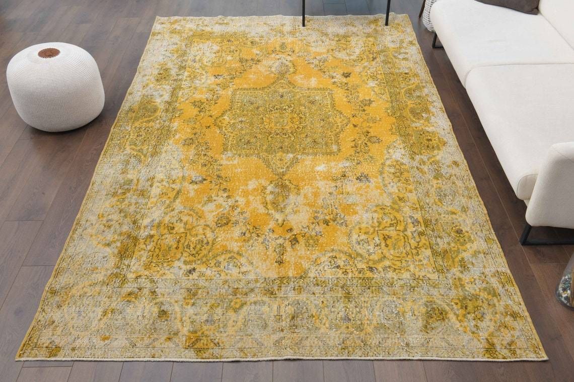 Turkish Vintage Oushak Area Rug  Boho Decor  Oushak Wool Rug  Yellow Carpet  Ethnic Rugs One Of A Kind  Anatolian Farmhouse Decor photo for sale