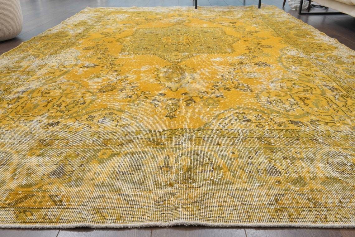 Turkish Vintage Oushak Area Rug  Boho Decor  Oushak Wool Rug  Yellow Carpet  Ethnic Rugs One Of A Kind  Anatolian Farmhouse Decor photo Textiles