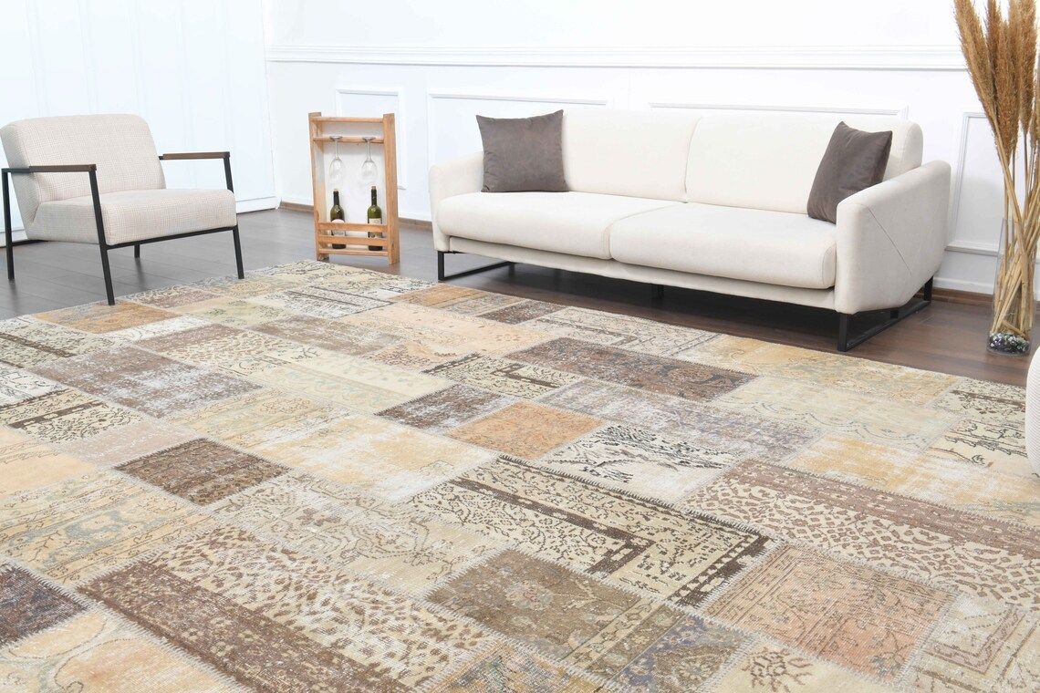 Turkish Vintage Oushak Rug Handmade Wool Large Area Farmhouse Decor One Of A Kind Beige Carpet photo for sale