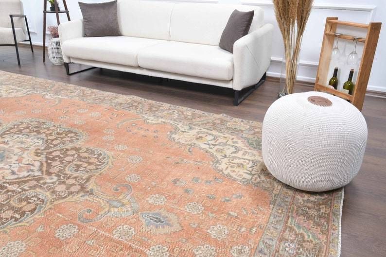 Turkish Vintage Large Area Rug Oushak Handmade Wool Heriz Floral Carpet Farmhouse Decor One Of A Kind  Made In Anatolia photo furniture