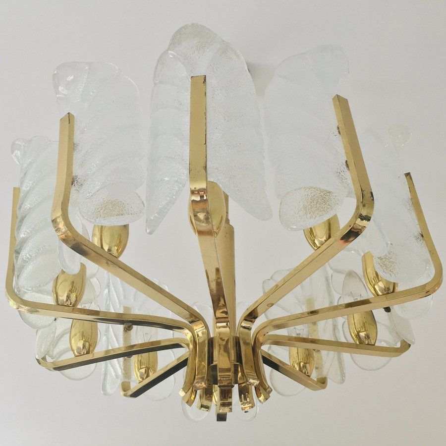 Scandinavian Brass Chandelier With 10 Glass Leaves By Carl Fagerlund For Orrefors, Sweden, 1960s photo furniture