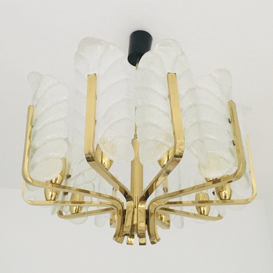 Scandinavian Brass Chandelier With 10 Glass Leaves By Carl Fagerlund For Orrefors, Sweden, 1960s photo for sale