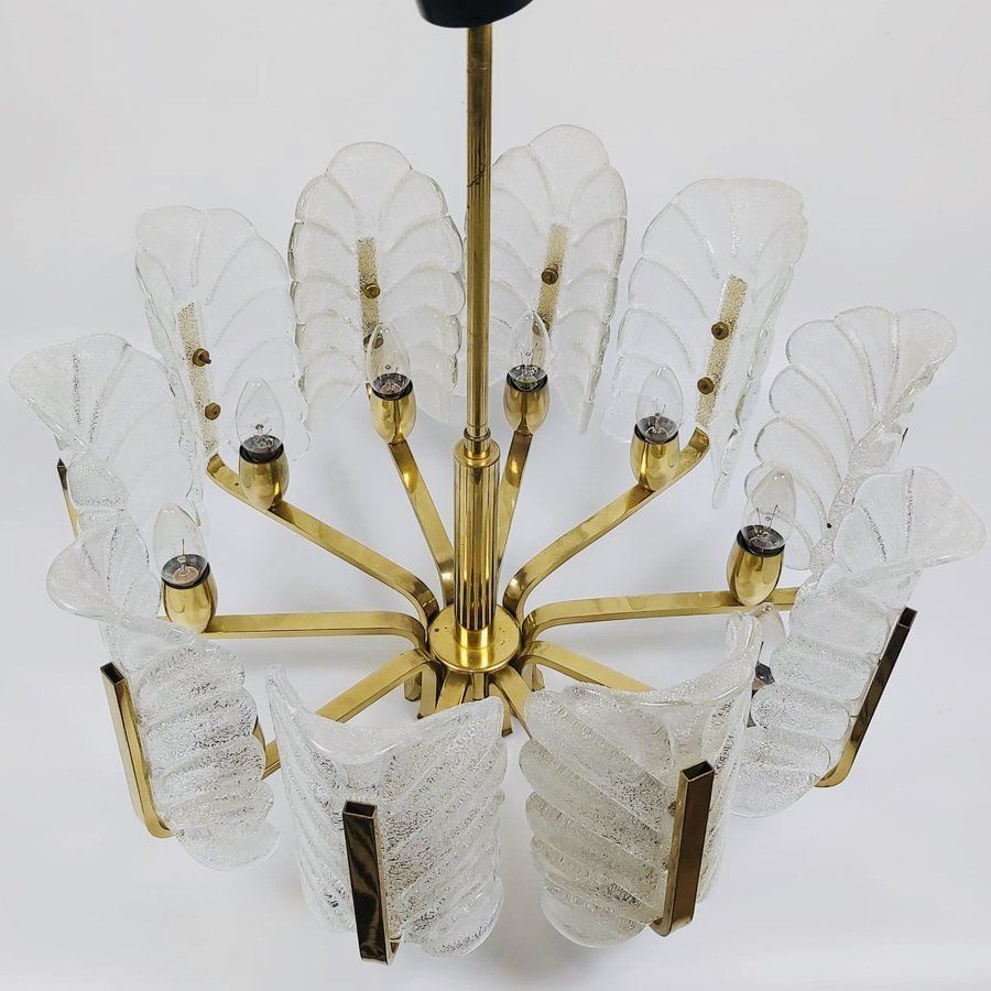 Scandinavian Brass Chandelier With 10 Glass Leaves By Carl Fagerlund For Orrefors, Sweden, 1960s photo vintage